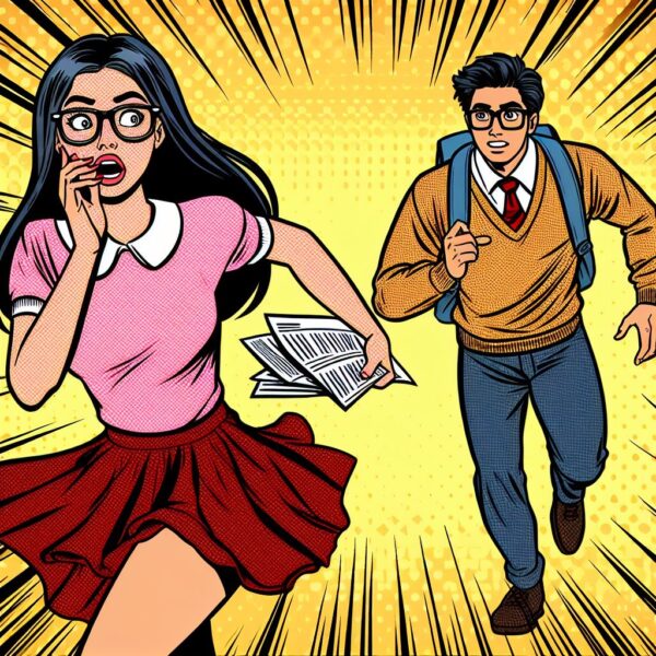 A nerd man chasing a hot girl. Comic book style. 