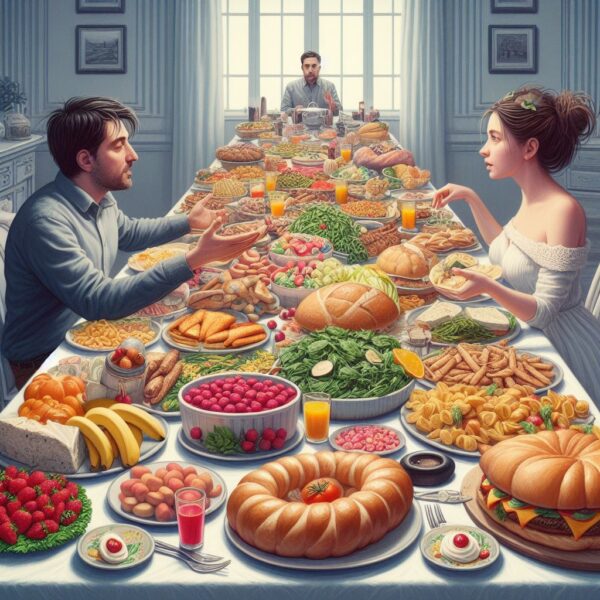  A giant table full of food. A man is trying to buy her affection. 