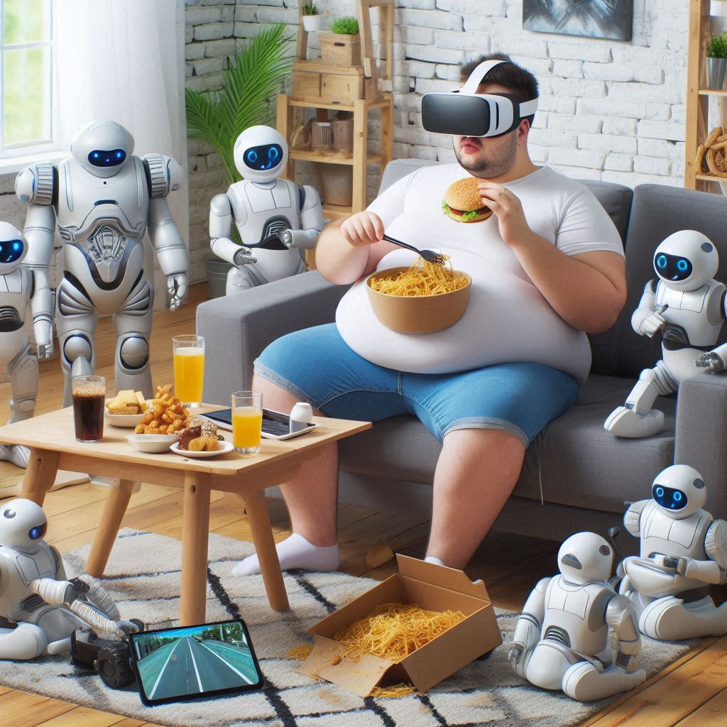 Fat man in virtual reality surrounded by robots in his living room