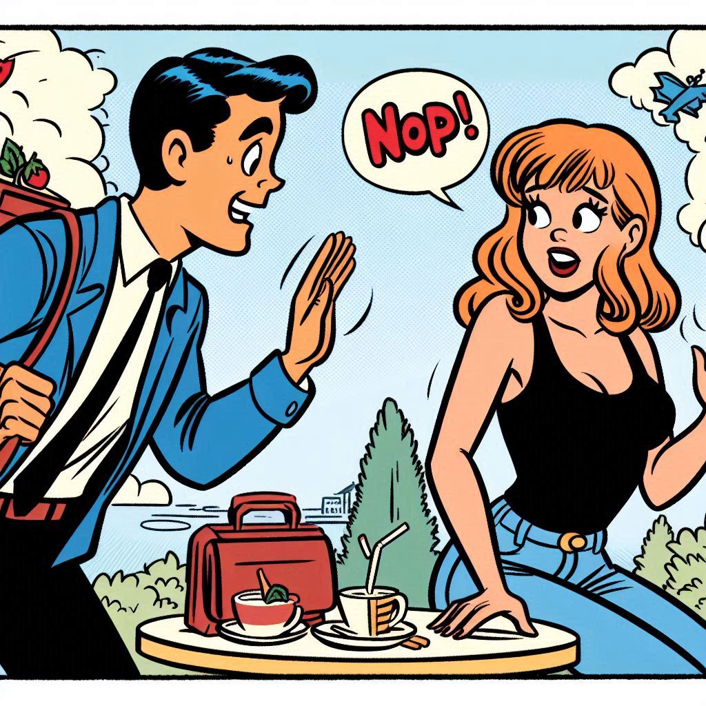 Man being rejected by a woman in a park. Archie comics style. 