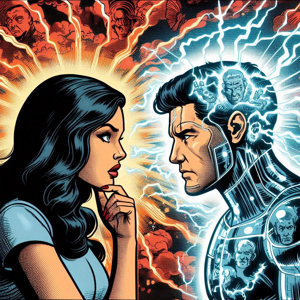 A man reading a woman's mind. Xmen comics style. 