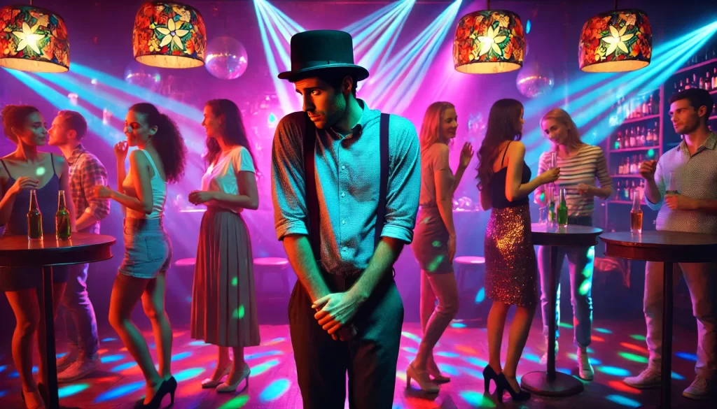 A shy man in a top hat in a nightclub surrounded by women who are ignoring him