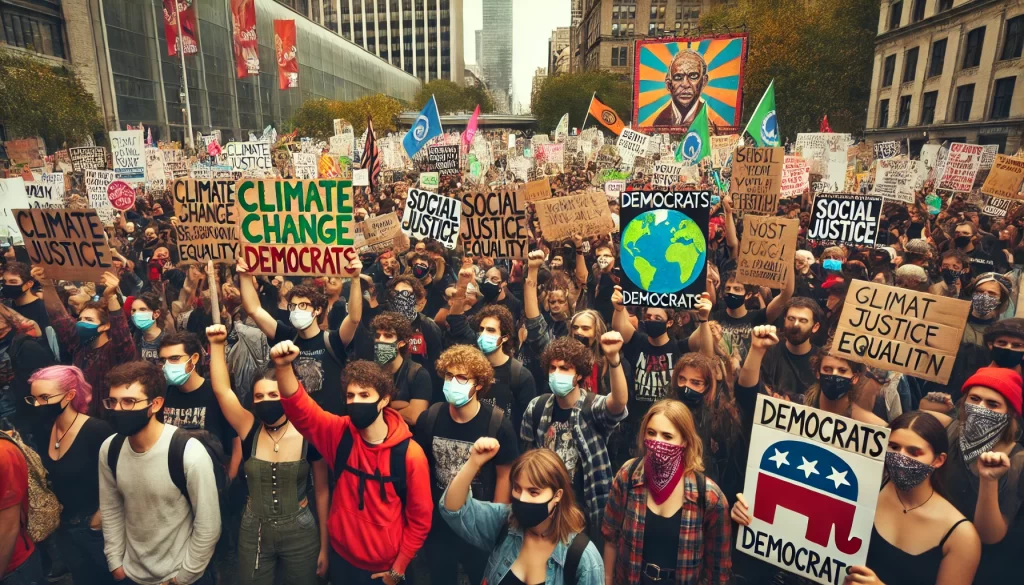 An angry crowd of Democrats holding up signs in a city protesting climate change and for social justice