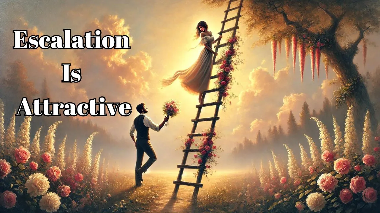 A man standing at the bottom of a ladder and a woman at the top. He is holding flowers for her and it reads "Escalation is Attractive."