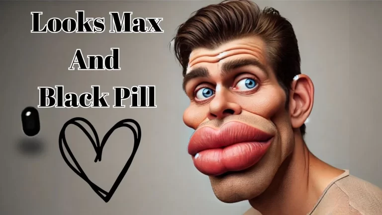 A cartoonish man with huge lips and a black pill