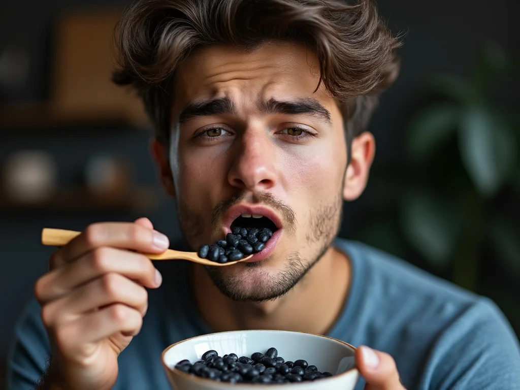 A man eating a bowl of black pills