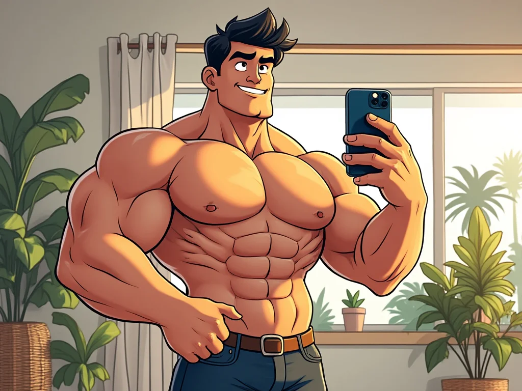 A cartoon man with huge muscles taking a selfie