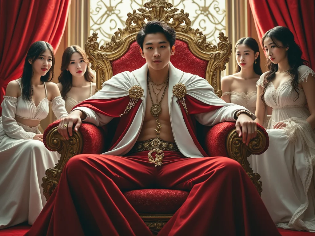 A young asian man sitting on a throne surrounded by asian women