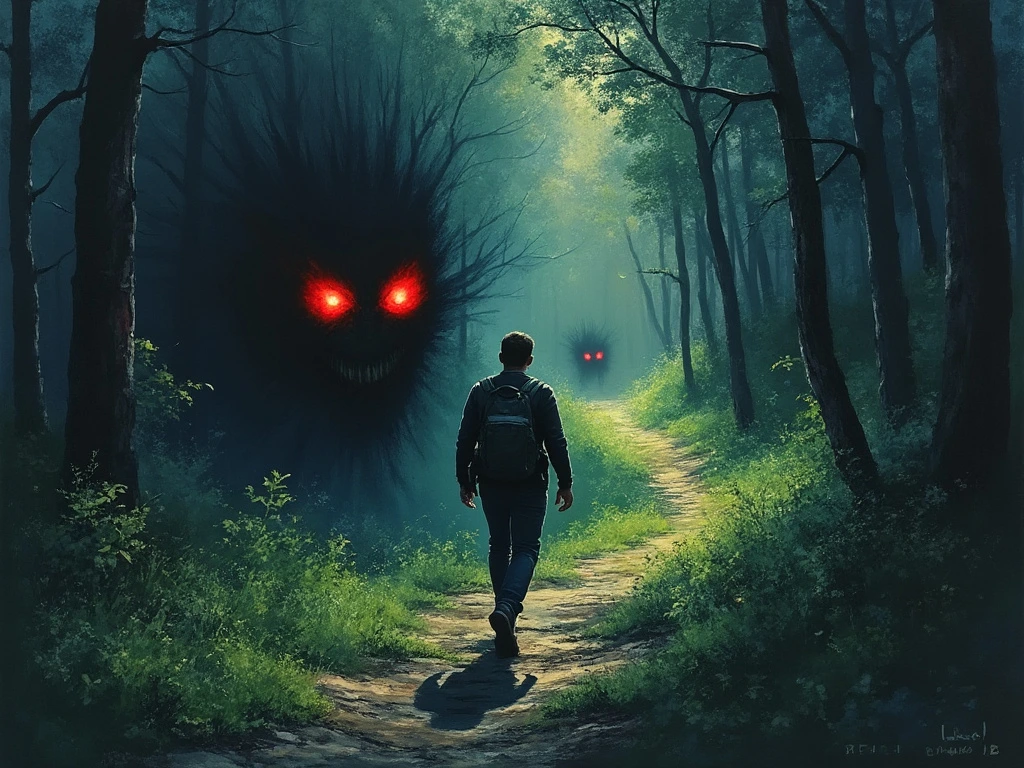 A man walking through a dark, scary forest. Digital art