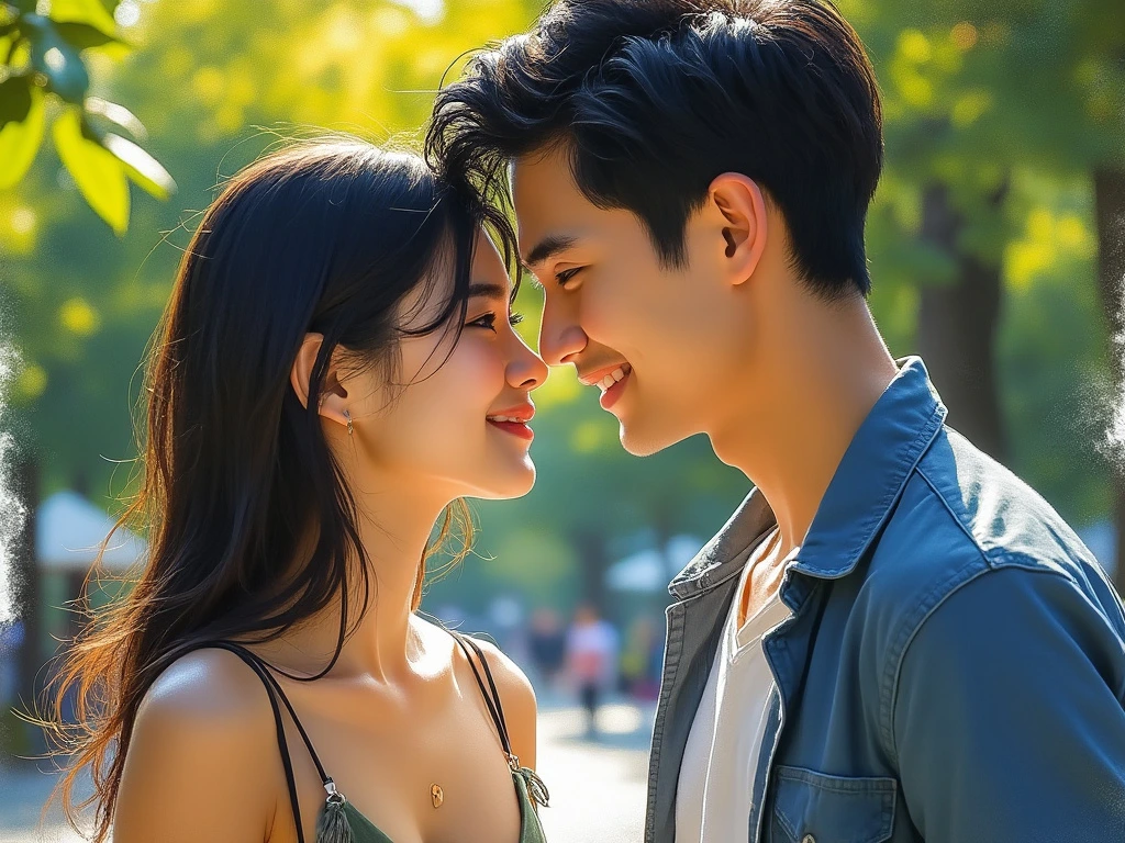 An asian man and asian woman pressing their foreheads together in a sunny park