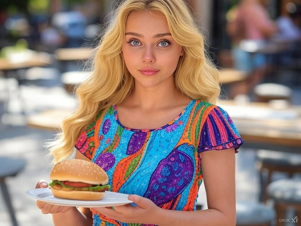 A blonde girl serving a burger in a restaurant