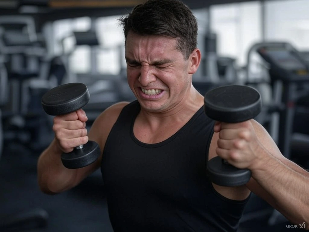 A man lifting weights in the gym while crying