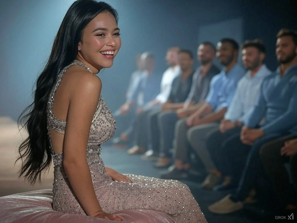 A girl on a dating show. One girl and many guys. She is very happy. 