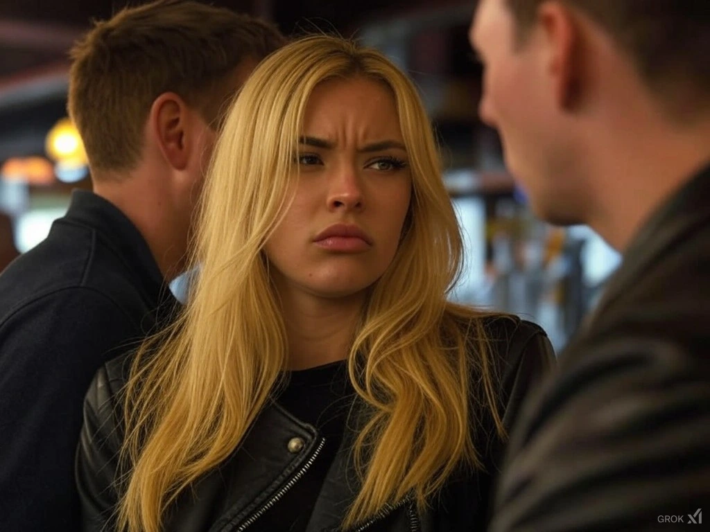 An angry blonde girl in a black leather jacket. In a bar. 