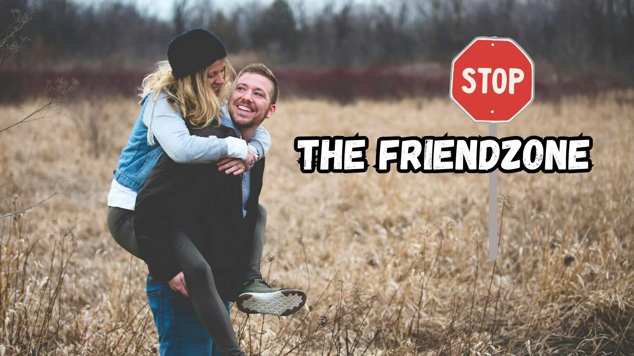 A man giving a young woman a piggy back ride with a slogan that says "Stop The Friend Zone"
